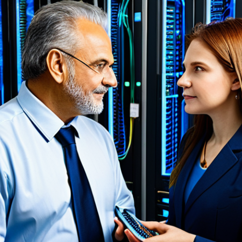 Home 6 **Networking Evolution & Interconnectivity**
A diverse group of professional network engineers, including an experienced older man and a focused younger woman, fully clothed in professional business attire, standing confidently. They are in a high-tech network operations center, with modern server racks, illuminated fiber optic cables, and glowing abstract network diagrams in the background, symbolizing complex data flow and interconnected global infrastructure. The scene captures the essence of network topology and the journey of digital information. Perfect anatomy, correct proportions, natural pose, well-formed hands, proper finger count, professional photography, high resolution, safe for work, appropriate content, fully clothed, professional.