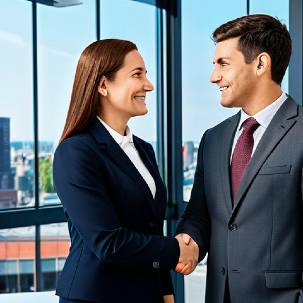 **

A professional businesswoman in a modest business suit, shaking hands with a male colleague in a modern office environment. The office should have large windows with a cityscape view. Fully clothed, appropriate attire, safe for work, perfect anatomy, natural proportions, professional, high quality, well-formed hands, proper finger count, natural body proportions.

**