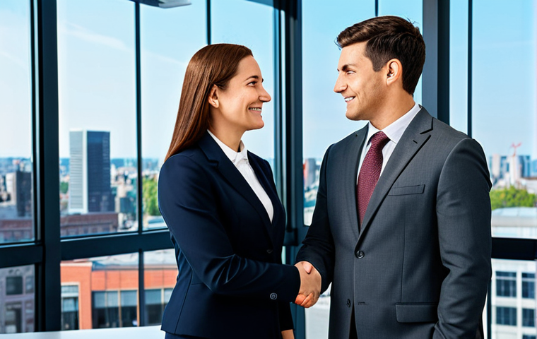 **
A professional businesswoman in a modest business suit, shaking hands with a male colleague in a modern office environment. The office should have large windows with a cityscape view. Fully clothed, appropriate attire, safe for work, perfect anatomy, natural proportions, professional, high quality, well-formed hands, proper finger count, natural body proportions.
**