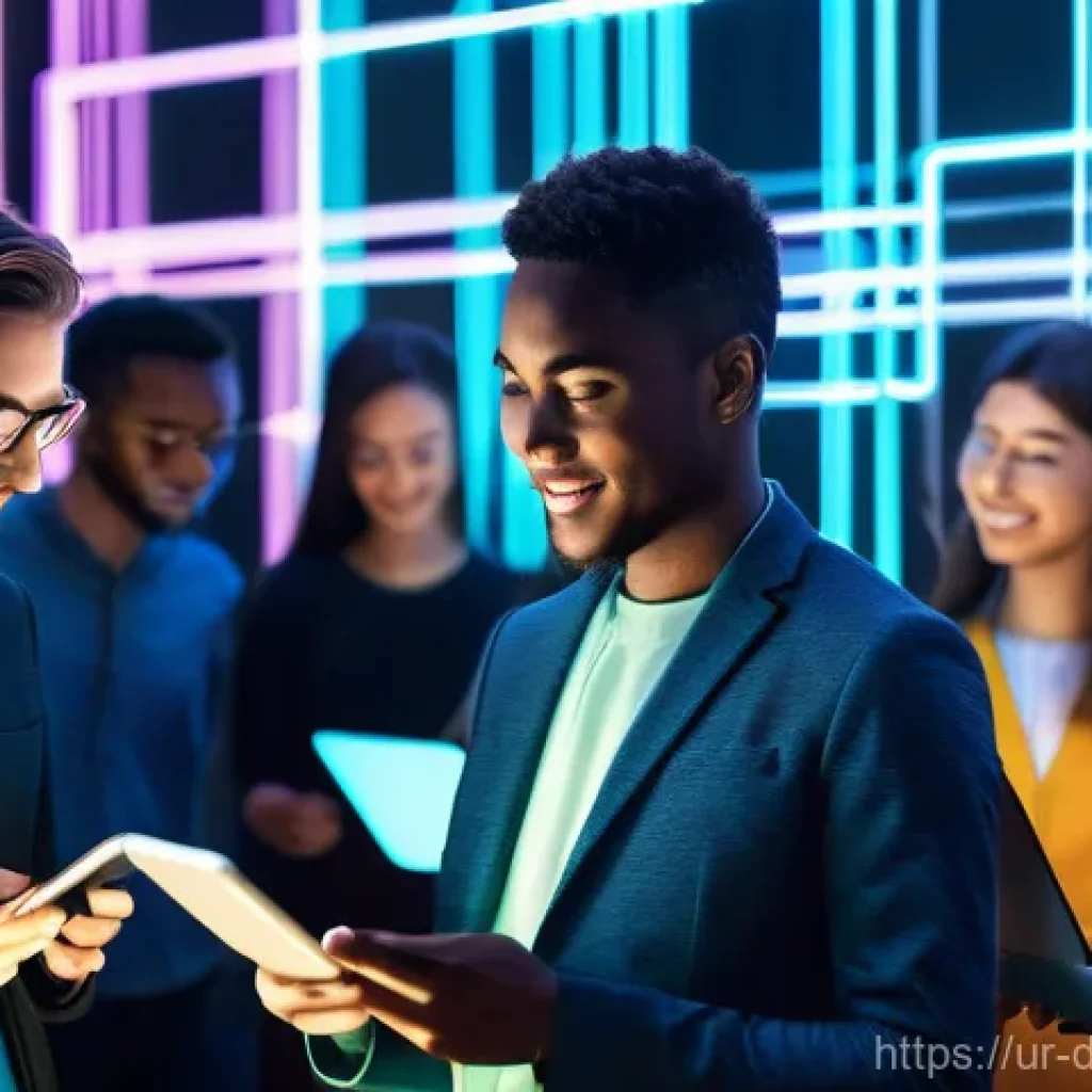 디지털 네트워킹에서의 인사이트 공유하기 - **Prompt:** A vibrant, diverse group of young adults and adults, representing different cultures and...