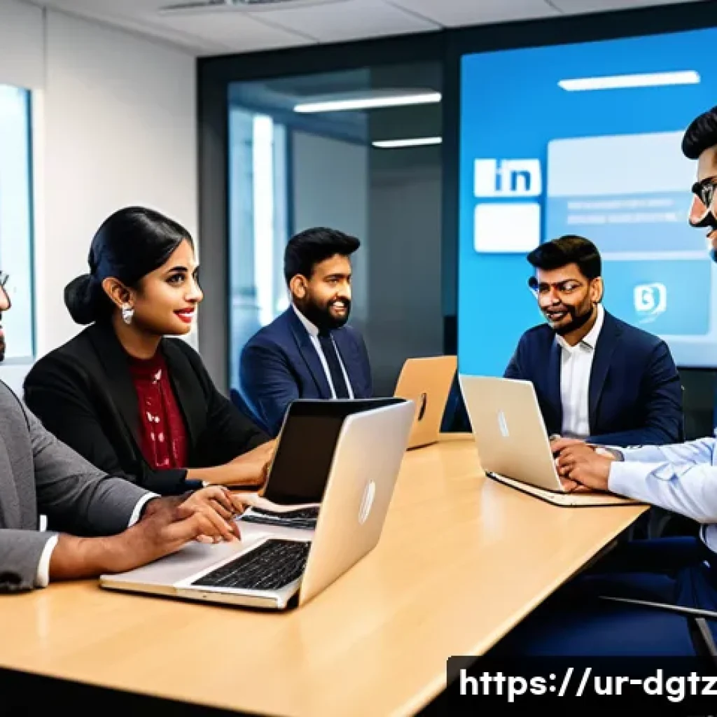 디지털 네트워킹의 중요성과 당면 과제 - A professional digital networking scene set in a modern office with diverse South Asian professional...