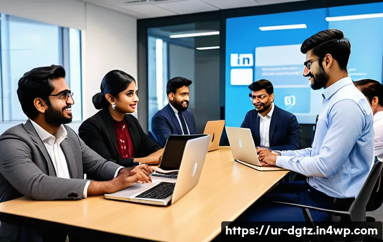 디지털 네트워킹의 중요성과 당면 과제 - A professional digital networking scene set in a modern office with diverse South Asian professional...