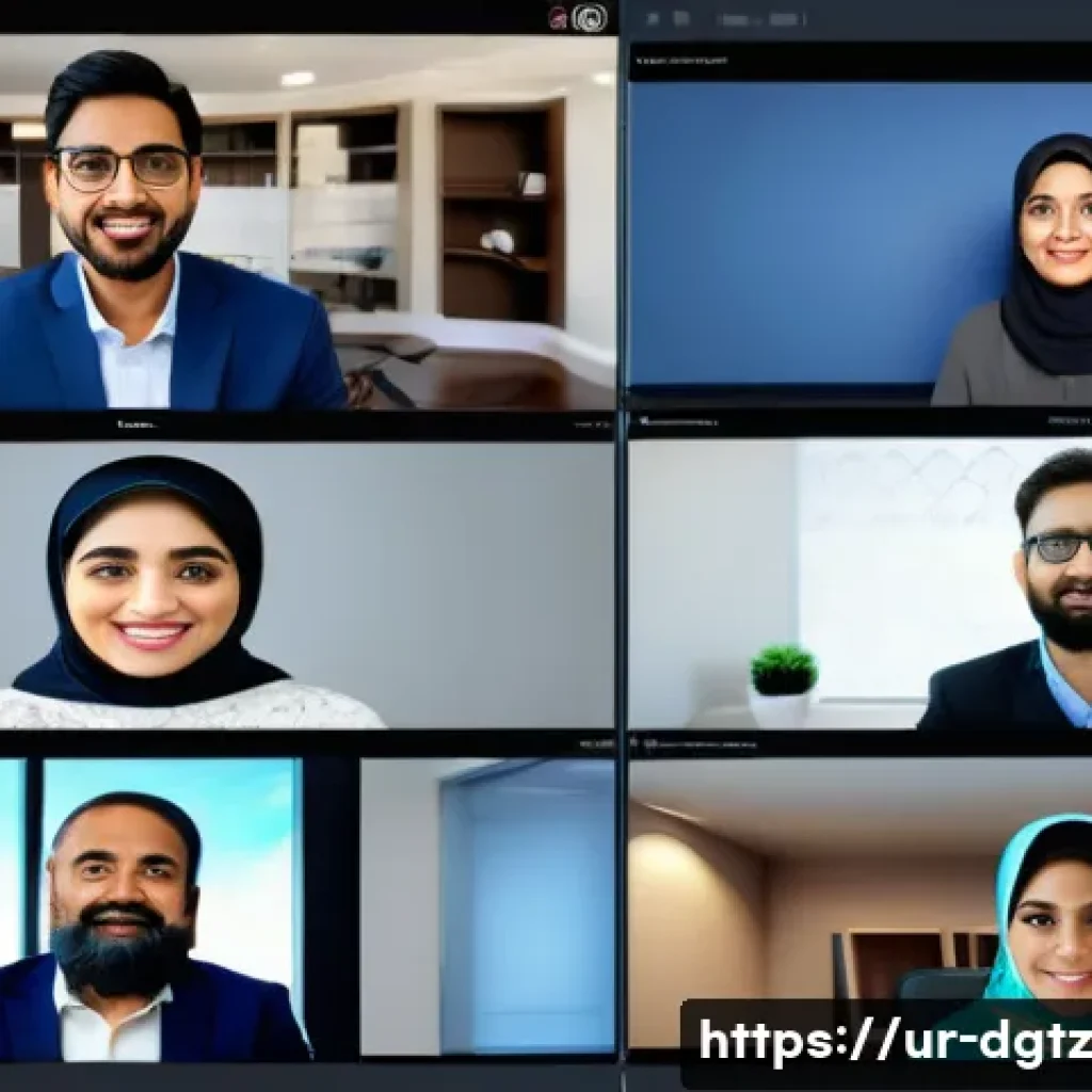 온라인 네트워킹의 기회 글로벌 접근법 - A professional virtual networking scene featuring diverse Urdu-speaking professionals connecting via...