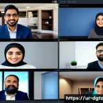 Home 22 온라인 네트워킹의 기회 글로벌 접근법 - A professional virtual networking scene featuring diverse Urdu-speaking professionals connecting via...