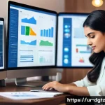 Home 21 디지털 네트워킹을 위한 콘텐츠 전략 - A vibrant digital marketing workspace showcasing a professional Pakistani woman sitting at a modern ...