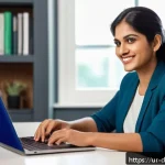 Home 20 네트워킹을 위한 피드백 수집 방법 - A professional South Asian woman in her early 30s wearing business casual attire, sitting in a moder...